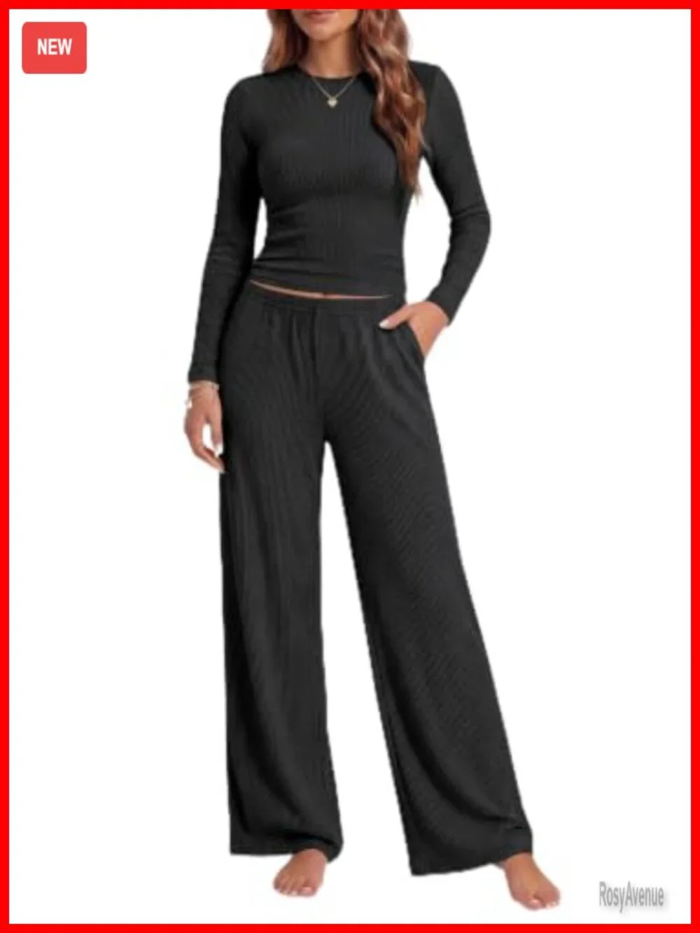 Slim Fit Long Sleeve Ribbed Knit Pajama Set with Pockets